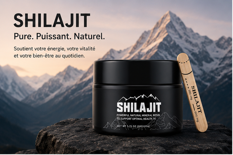 Shilajit pur de l'Himalaya présenté dans un pot noir premium avec spatule doseuse en bois sur fond de montagnes. Résine naturelle riche en minéraux conçue pour soutenir l'énergie, la vitalité et le bien-être quotidien.