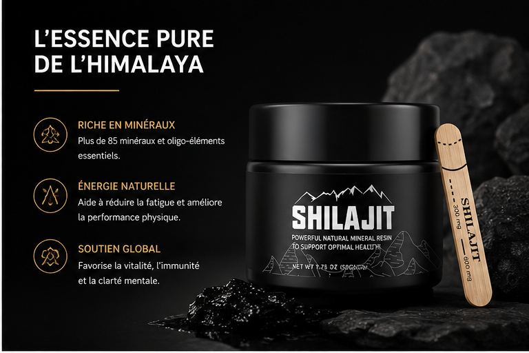Shilajit pur de l'Himalaya en résine naturelle, présenté dans un pot noir avec spatule doseuse. Complément naturel riche en minéraux essentiels pour soutenir l'énergie, la vitalité, le bien-être et les performances quotidiennes.
